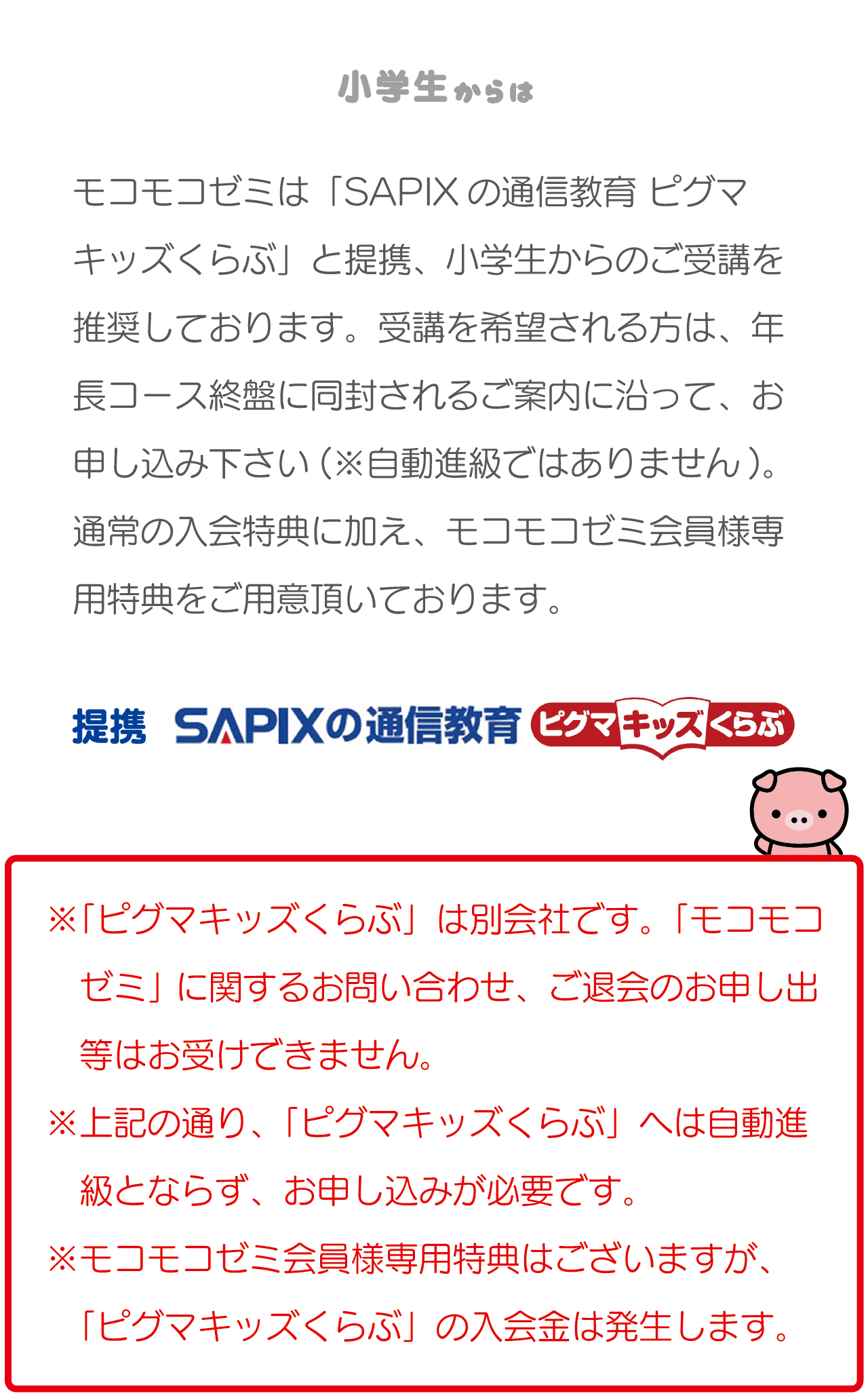 こぐま会教材、提携SAPIX(サピックス)ピグマの幼児通信教育モコモコゼミ